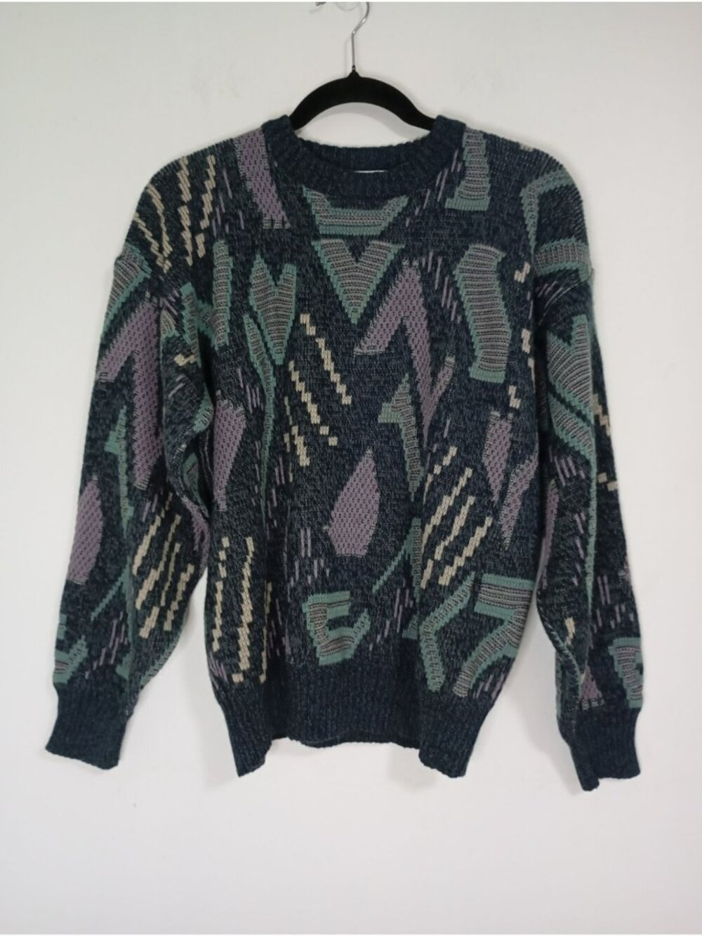Vintage Michael Gerald Mens Geometric Knit Sweater Navy Purple & Green Size M
